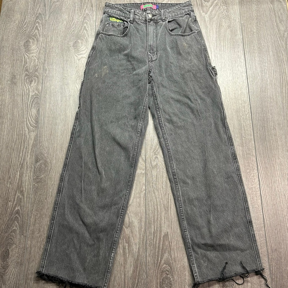 Empyre Womens Loose Fit Carpenter Jeans Size 27 Faded Black Wide Leg Raw Hem